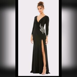 Mac Duggal Floral Embellished Faux Wrap Jersey Gown Size 12 & 14 In Black 41016